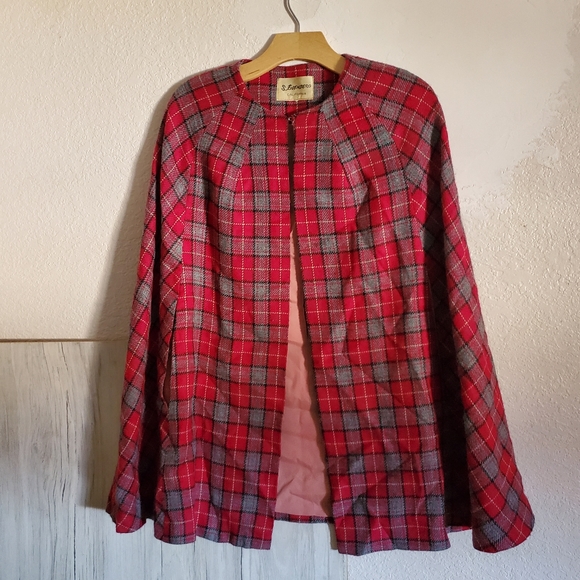 Vintage S. Eisenberg Red Plaid Lined Cape Arm Slits Wrap Poncho Open Front - Picture 1 of 10